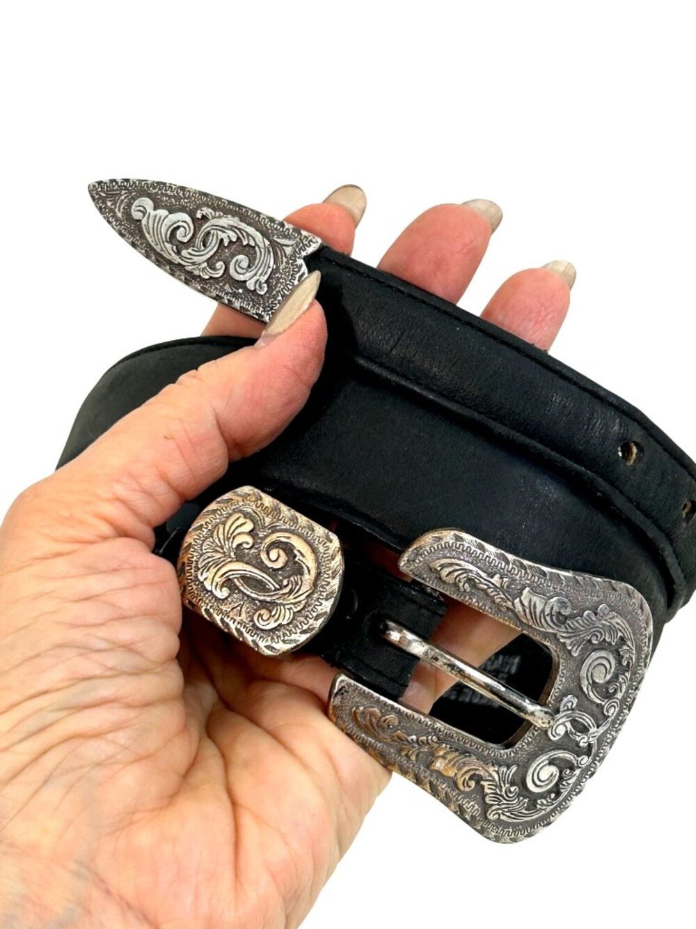 Justin Belt Black 30 Vtg Leather USA  Silver-plated 1993 Engraving Western 525BK